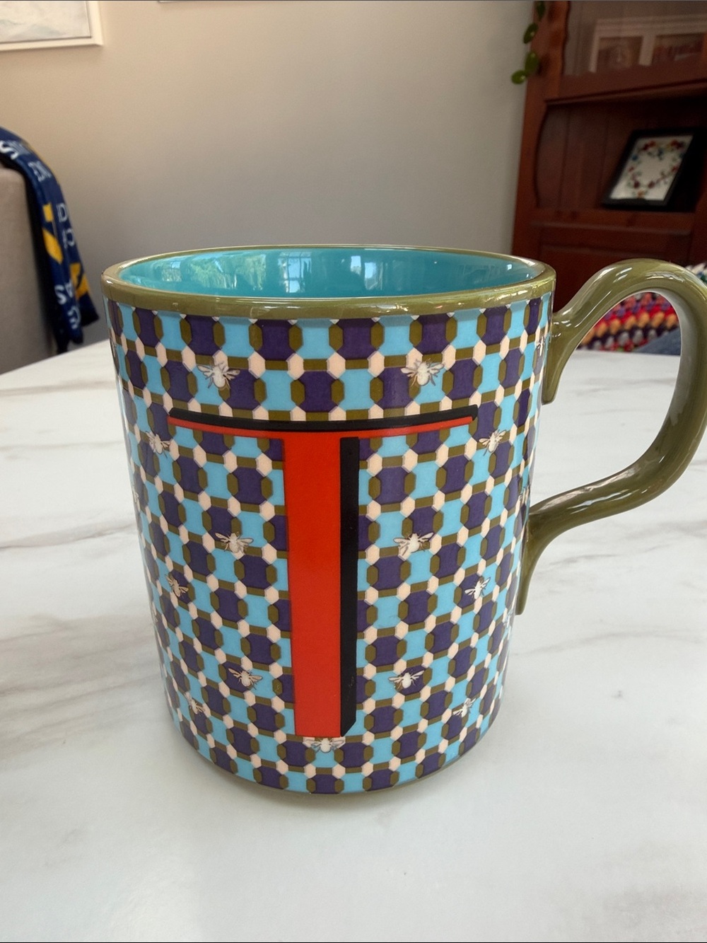 Anthropologie Parker Stoneware Mug Geometric Monogram “T” Green Purple Orange